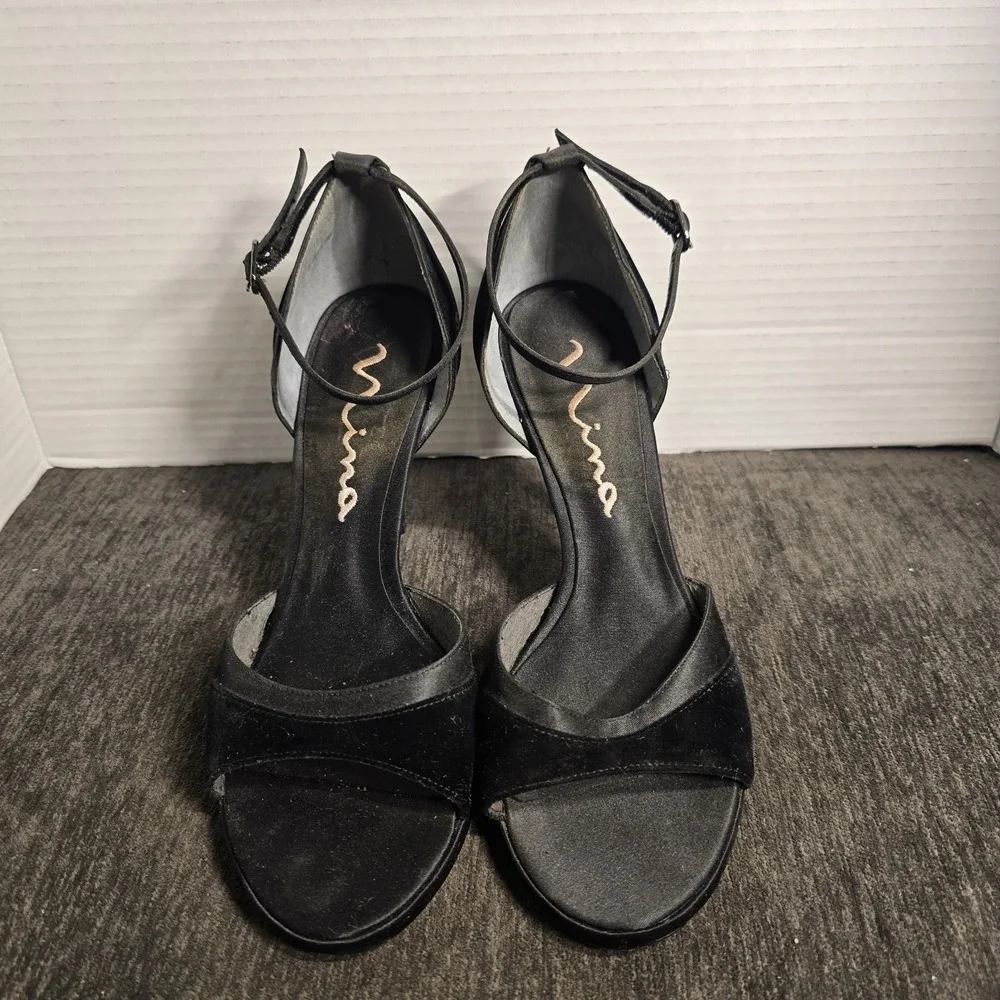 Nina Black Velvet Satin Ankle Strap Stiletto Heels Sandals Womens 8.5 M Evening